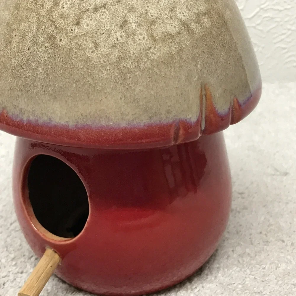 Ceramic Mushroom Birdhouse Hanging Garden Decor Red Toadstool Village Novelty 8